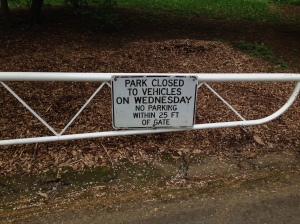 The Park is closed to vehicles on Wednesday. You will have to park in the residential neighborhood and walk if you want to get to the playground.